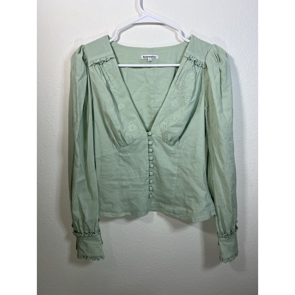 Reformation Lawrence Top Size 4 Green Boho Embroidered Ren Fair Romantic Ruffle